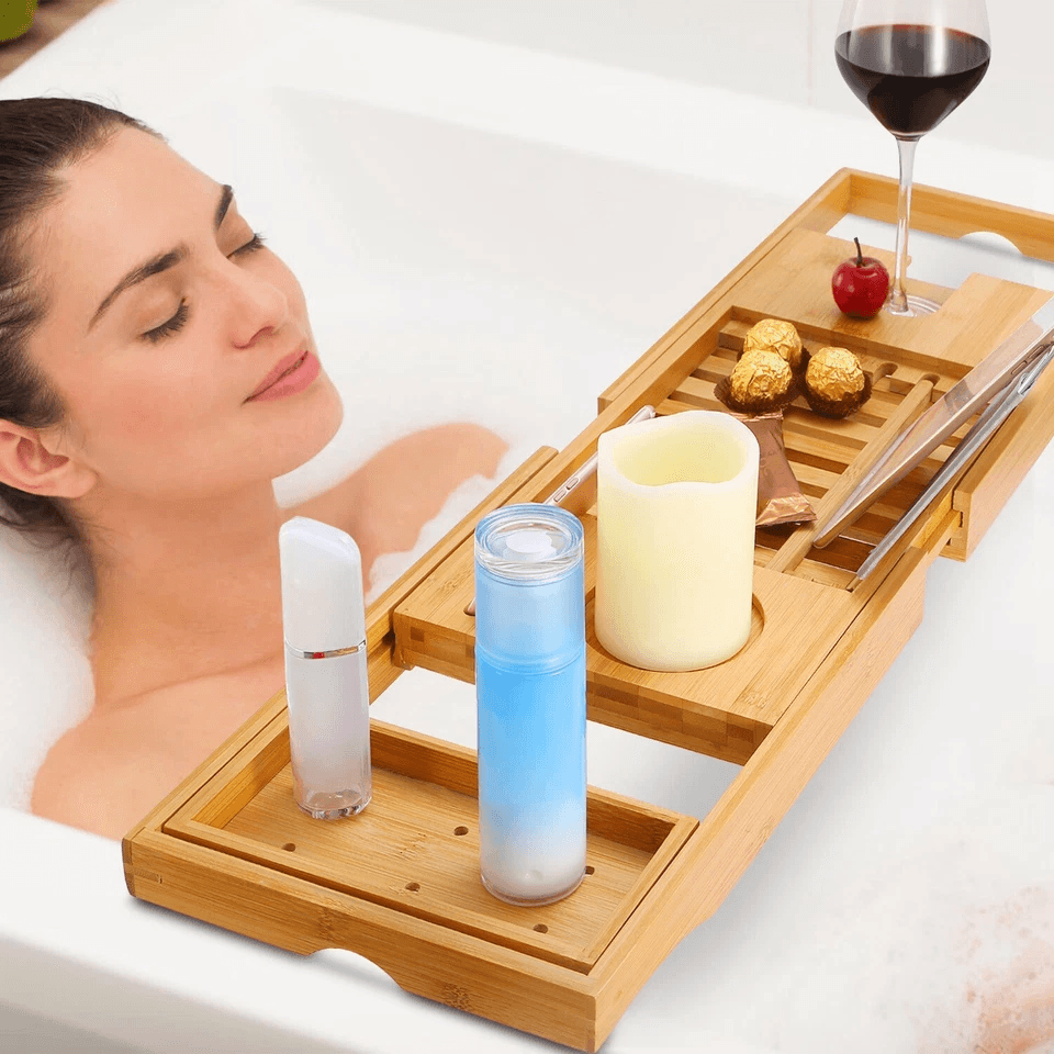 Bamboo Bath Tray Table Bathtub Caddy Tray Adjustable Over The Tub Shelf Bath Holder Desk With Wine  1