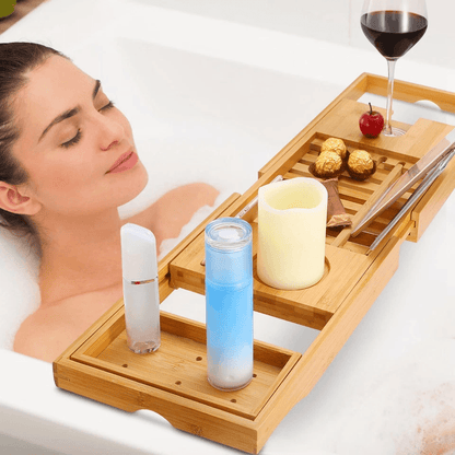 Bamboo Bath Tray Table Bathtub Caddy Tray Adjustable Over The Tub Shelf Bath Holder Desk With Wine  1