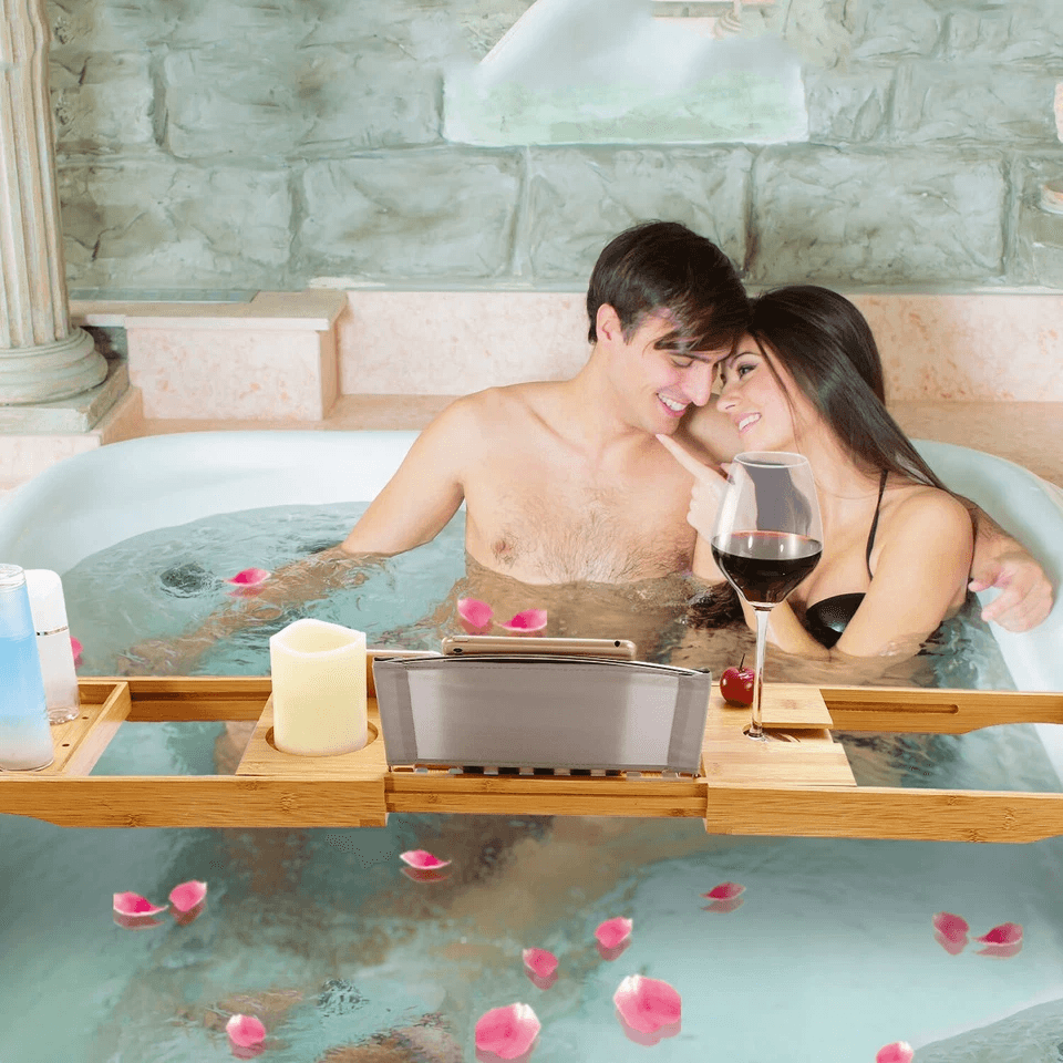 Bamboo Bath Tray Table Bathtub Caddy Tray Adjustable Over The Tub Shelf Bath Holder Desk With Wine  2