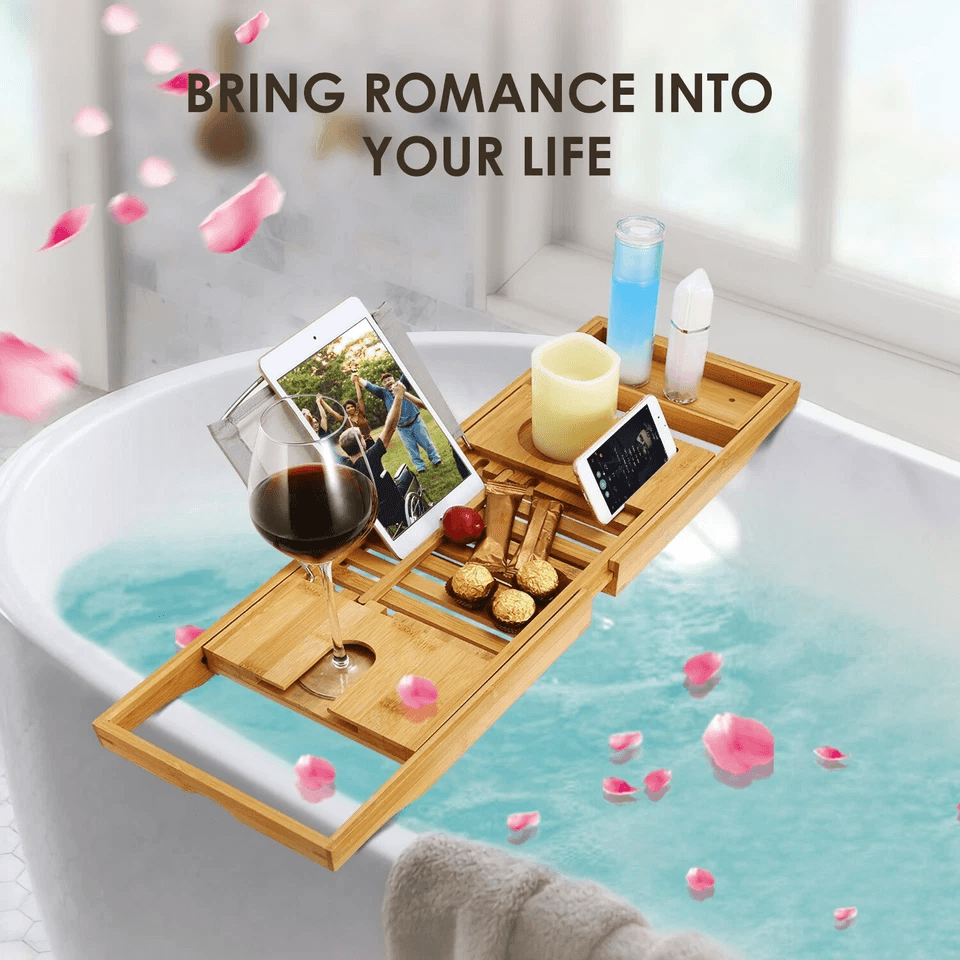 Bamboo Bath Tray Table Bathtub Caddy Tray Adjustable Over The Tub Shelf Bath Holder Desk With Wine  3