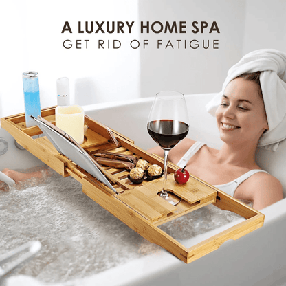 Bamboo Bath Tray Table Bathtub Caddy Tray Adjustable Over The Tub Shelf Bath Holder Desk With Wine  4