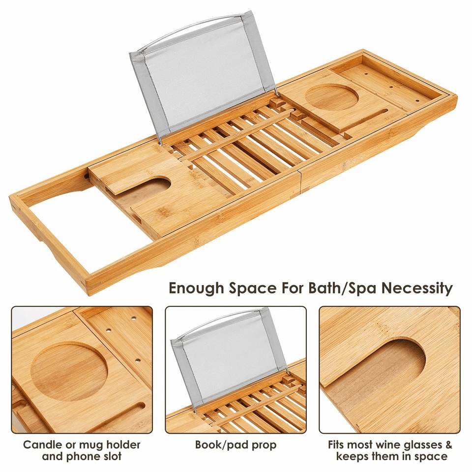 Bamboo Bath Tray Table Bathtub Caddy Tray Adjustable Over The Tub Shelf Bath Holder Desk With Wine  5