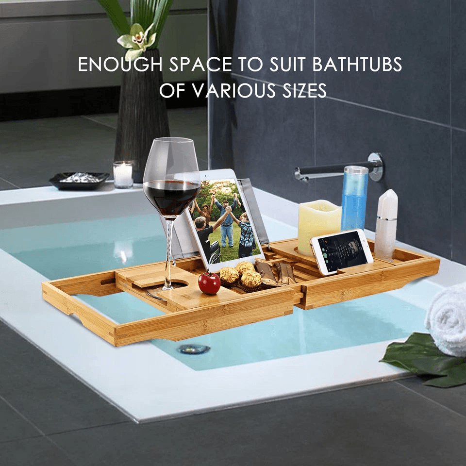 Bamboo Bath Tray Table Bathtub Caddy Tray Adjustable Over The Tub Shelf Bath Holder Desk With Wine  6