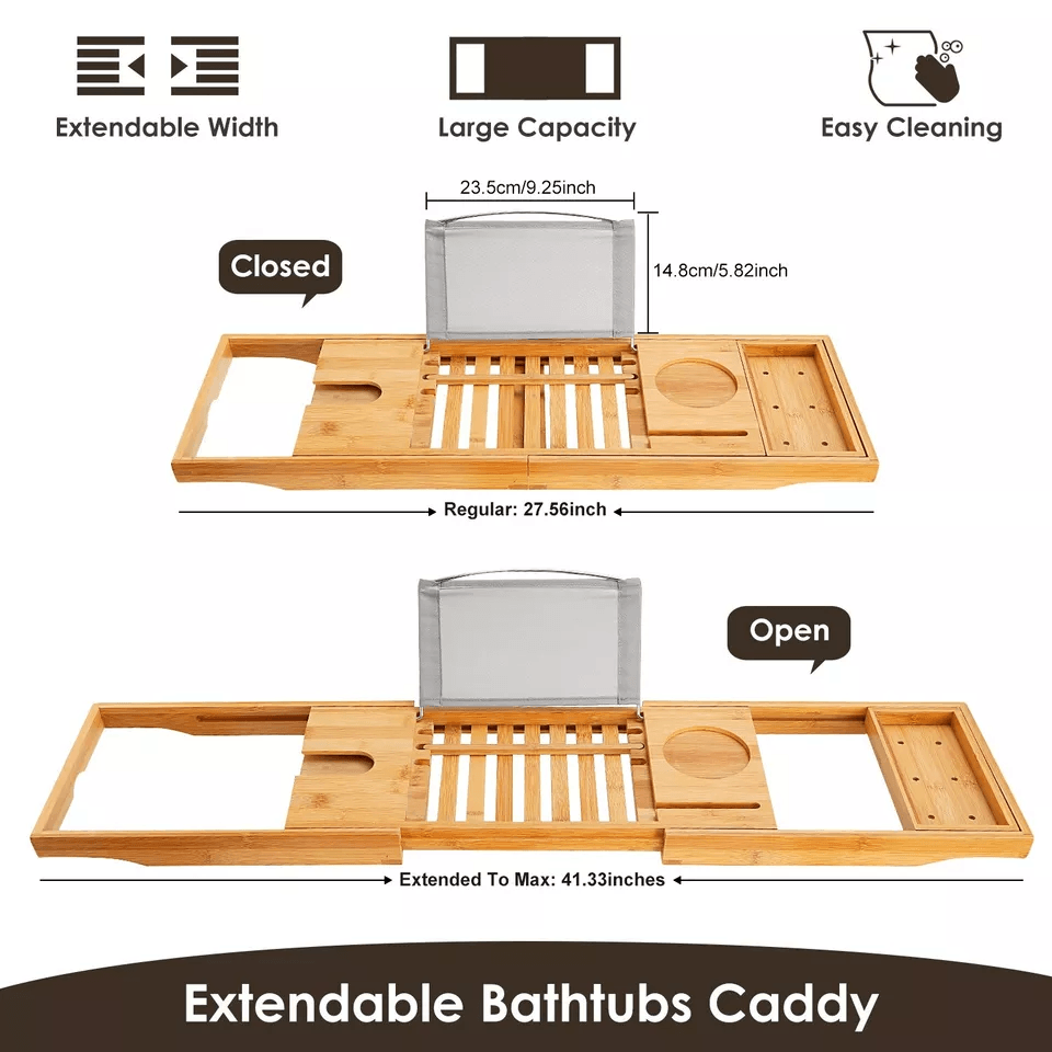Bamboo Bath Tray Table Bathtub Caddy Tray Adjustable Over The Tub Shelf Bath Holder Desk With Wine  7