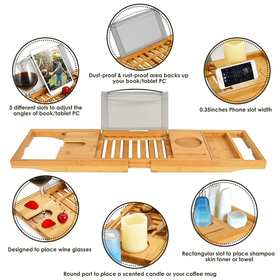 Bamboo Bath Tray Table Bathtub Caddy Tray Adjustable Over The Tub Shelf Bath Holder Desk With Wine  8