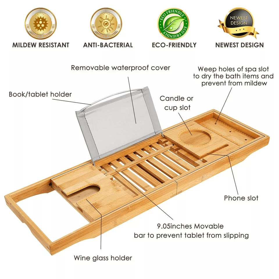 Bamboo Bath Tray Table Bathtub Caddy Tray Adjustable Over The Tub Shelf Bath Holder Desk With Wine  9
