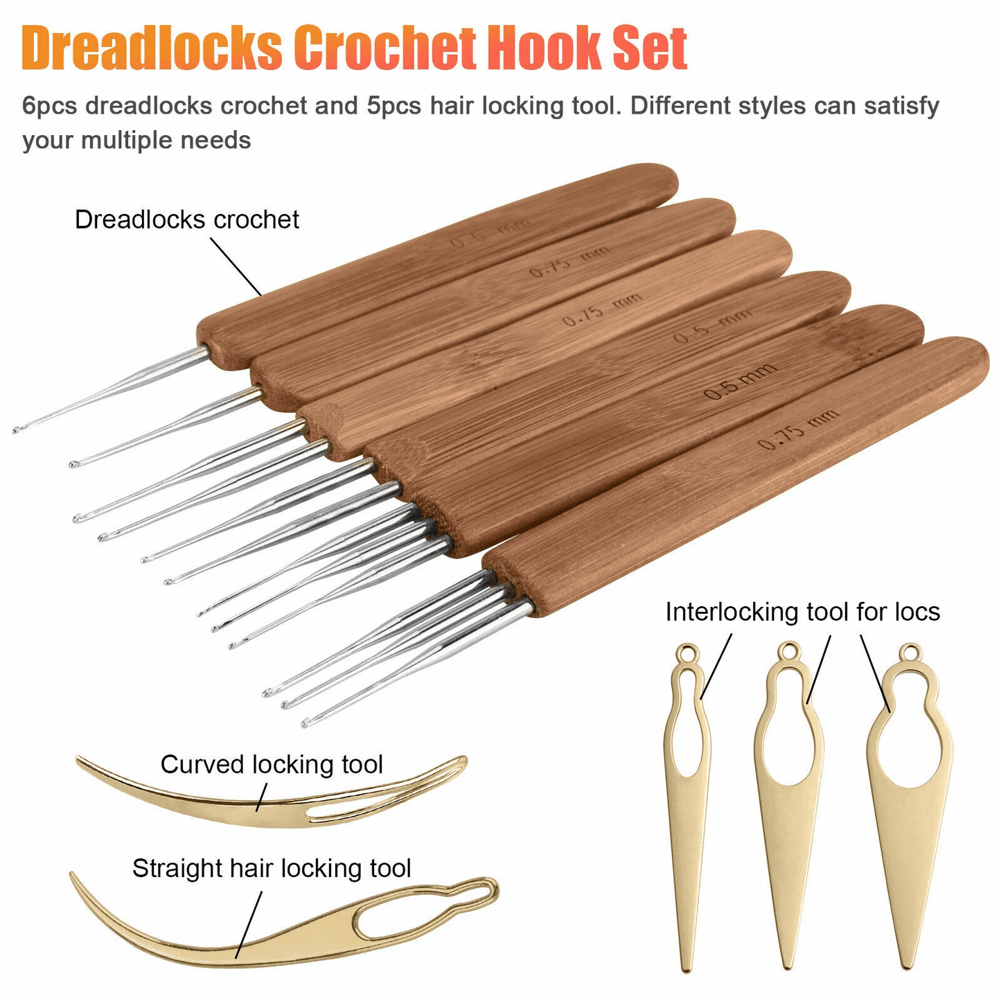 10PCS Bamboo Handle Crochet Dreadlock Hook Needle Tool Set For Braiding Hair Making Repair Wig Weav 2