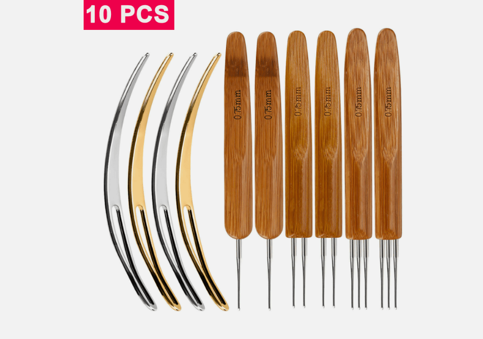 10PCS Bamboo Handle Crochet Dreadlock Hook Needle Tool Set for Braiding, Hair Making, Repair, Wig Weaving & DIY Craft