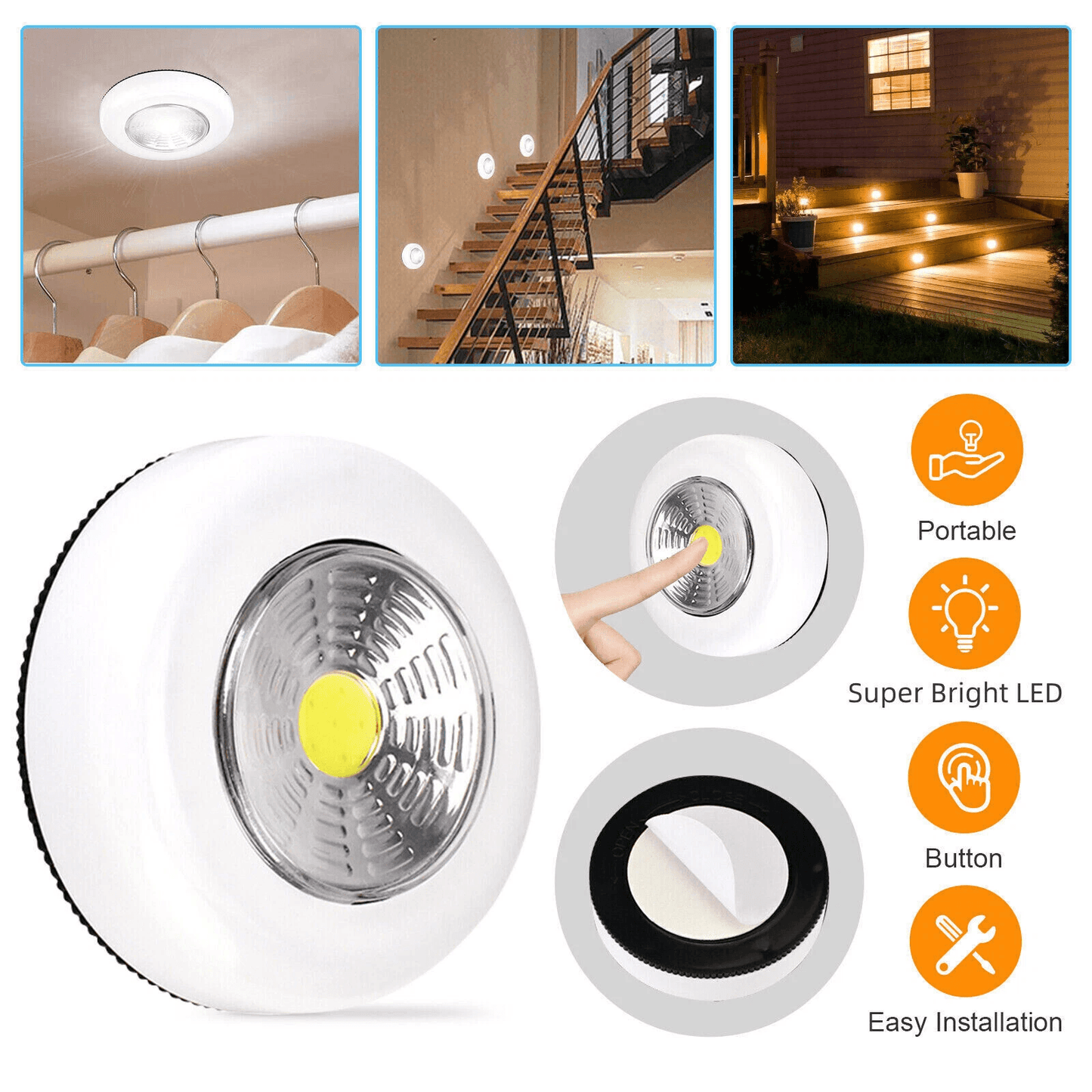 4X LED Closet Night Light Push On/Off Stick Wireless Cordless Battery Operated Tap Lamp for Cabinet, Drawer, Kitchen