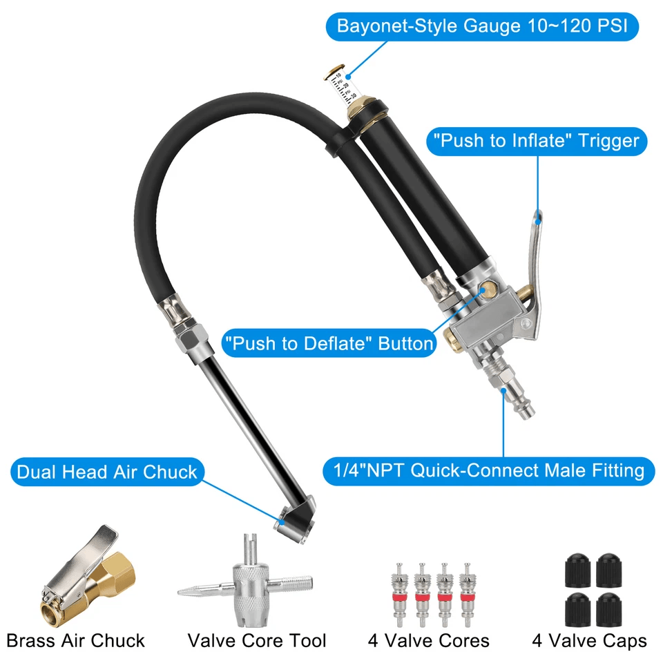 HeavyDuty Air Tire Inflator With Pressure Gauge  Dual Chuck For Car Truck RV 1