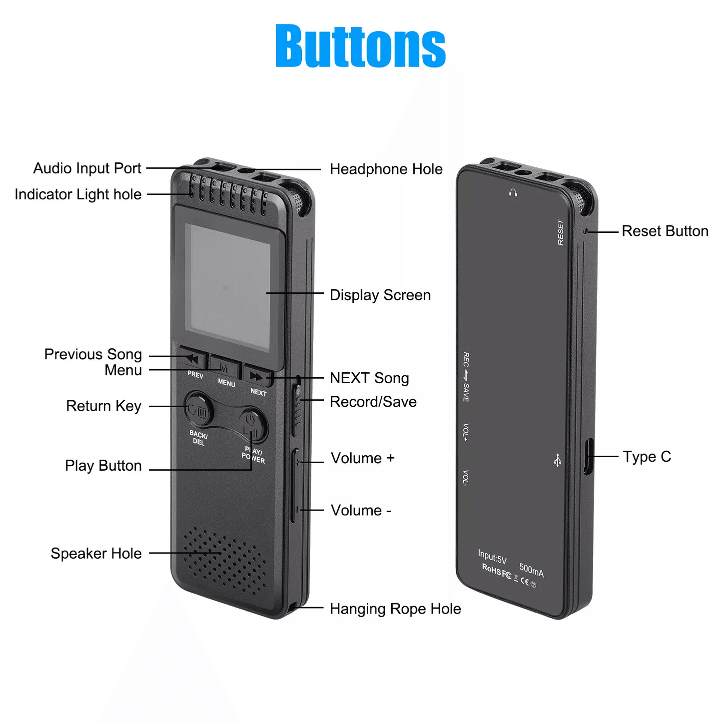 Digital Voice Recorder Voice Activated Audio Recorder With Playback Noise Reduction MP3 Player For  4