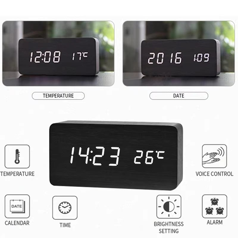 Wooden Digital Alarm Clock with LED Display & Temperature – Stylish Table Clock for Bedroom & Office