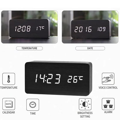 Wooden Digital Alarm Clock with LED Display & Temperature – Stylish Table Clock for Bedroom & Office