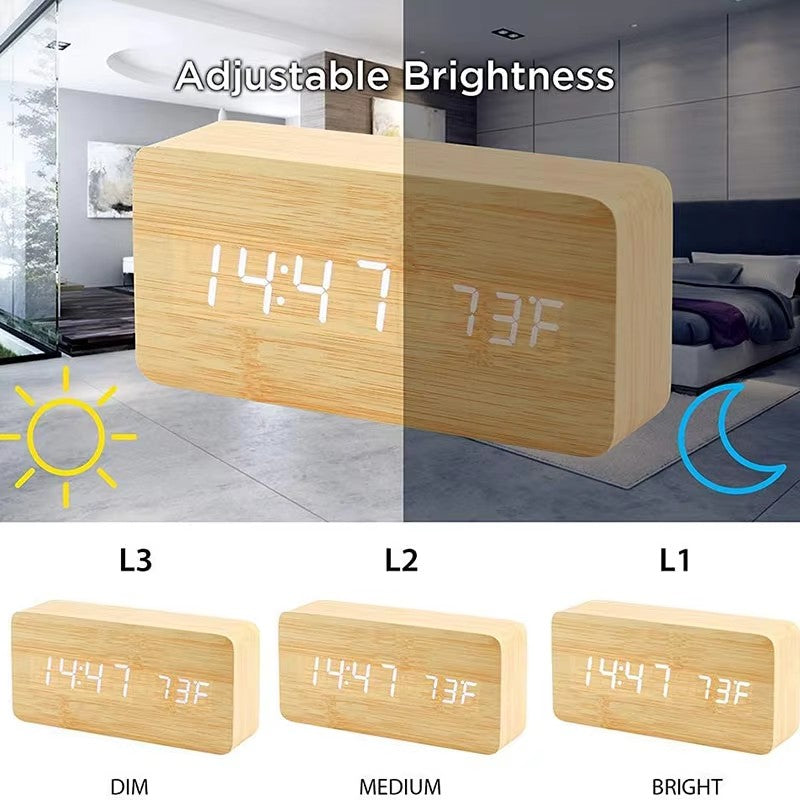Wooden Digital Alarm Clock with LED Display & Temperature – Stylish Table Clock for Bedroom & Office