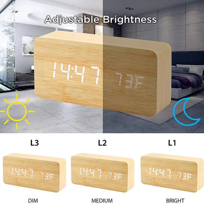 Wooden Digital Alarm Clock with LED Display & Temperature – Stylish Table Clock for Bedroom & Office