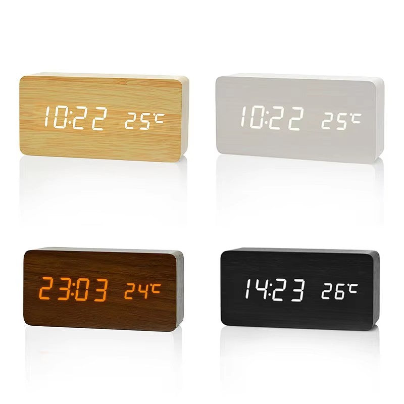 Wooden Digital Alarm Clock with LED Display & Temperature – Stylish Table Clock for Bedroom & Office