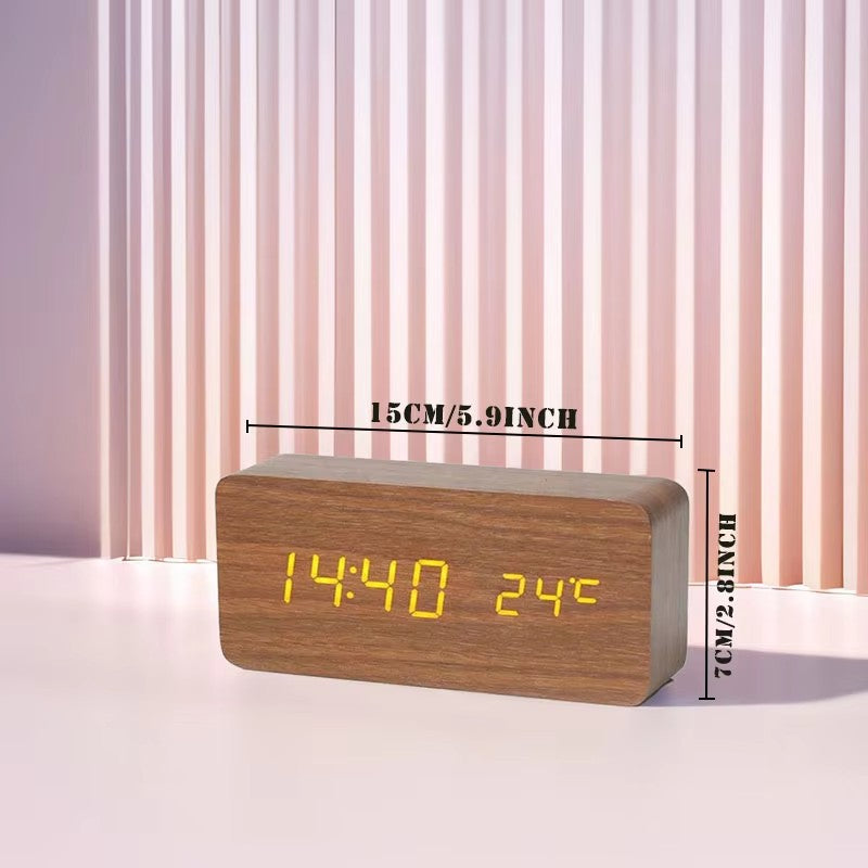Wooden Digital Alarm Clock with LED Display & Temperature – Stylish Table Clock for Bedroom & Office