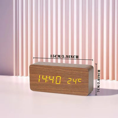 Wooden Digital Alarm Clock with LED Display & Temperature – Stylish Table Clock for Bedroom & Office