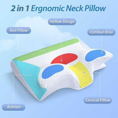 Memory Foam Cervical Pillow 2 in 1 Ergonomic Contour Pillow for Neck Pain Relief & Orthopedic Support