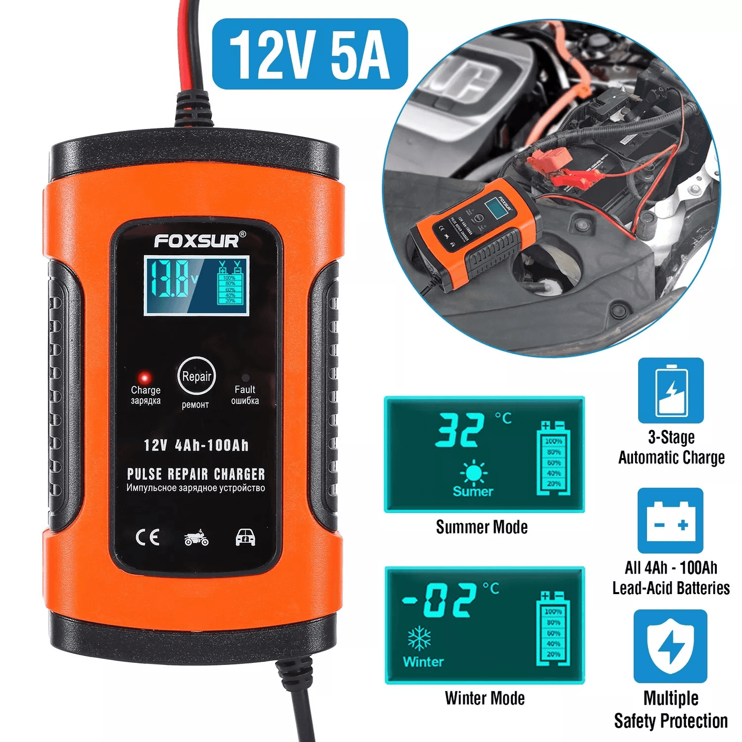 Smart Automatic Car Battery Charger, Trickle Maintainer & Pulse Repair for Boat, ATV, Motorcycle