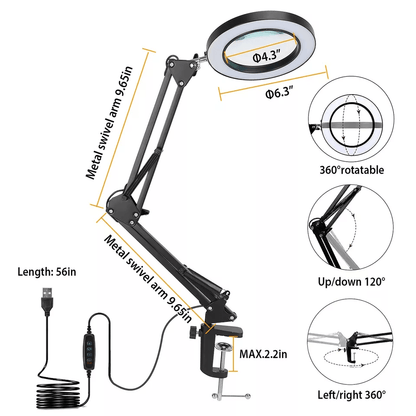 Magnifier LED Lamp Magnifying Glass Desk  Table Reading Light With Clamp Stand For Crafts Hobbies W 8
