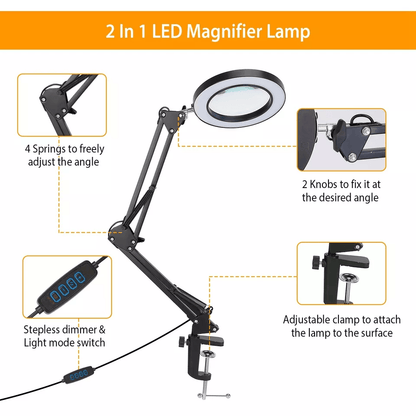 Magnifier LED Lamp Magnifying Glass Desk  Table Reading Light With Clamp Stand For Crafts Hobbies W 7