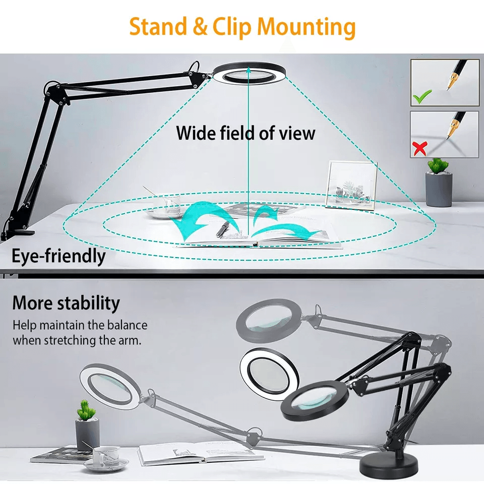 Magnifier LED Lamp Magnifying Glass Desk  Table Reading Light With Clamp Stand For Crafts Hobbies W 5