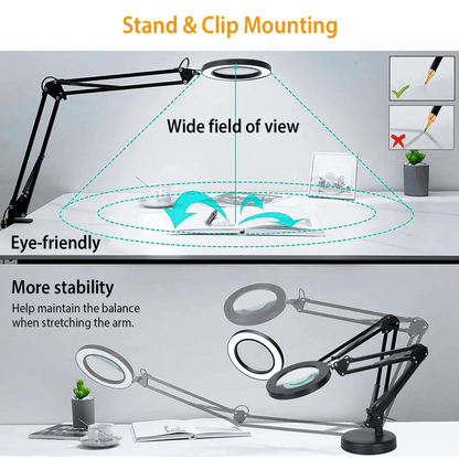 Magnifier LED Lamp Magnifying Glass Desk  Table Reading Light With Clamp Stand For Crafts Hobbies W 5