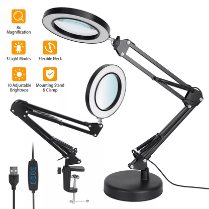 Magnifier LED Lamp, Magnifying Glass Desk & Table Reading Light with Clamp Stand for Crafts, Hobbies, Work & Low Vision