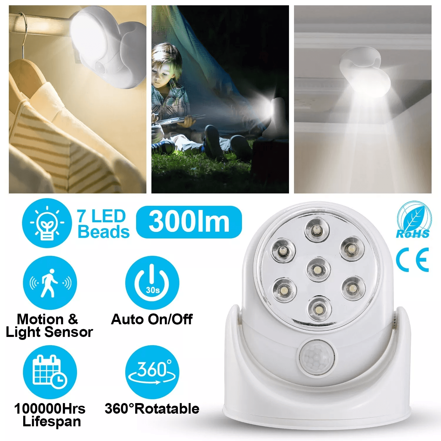 LED Motion Sensor Light, Adjustable, Cordless, Battery-Powered for Indoor & Outdoor Use