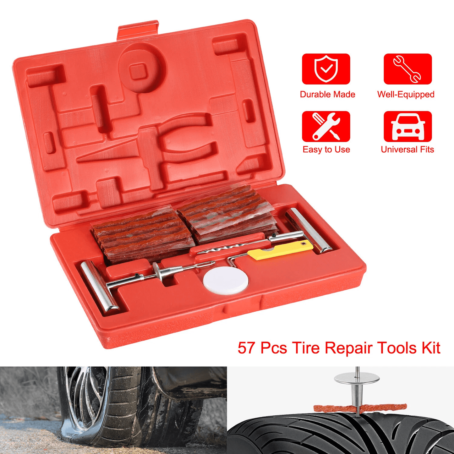 Heavy-Duty Tire Repair Kit, Flat Tire Plug & Patch Tools for Cars, Trucks, Motorcycles