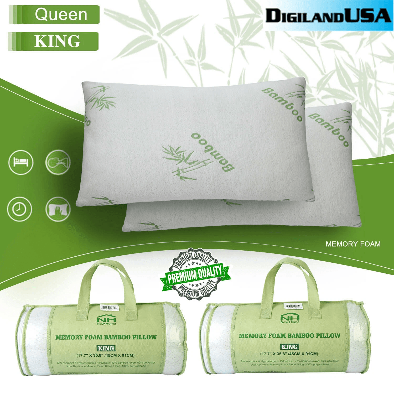 Bamboo Shredded Memory Foam Pillow Hypoallergenic, Washable Cover, Orthopedic Support for Back, Side Stomach Sleepers