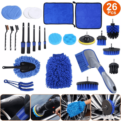 Complete Car Wash Cleaning Kit with Detailing Drill Brushes, Interior, Exterior, Wheel, Tire & Engine Care Essentials