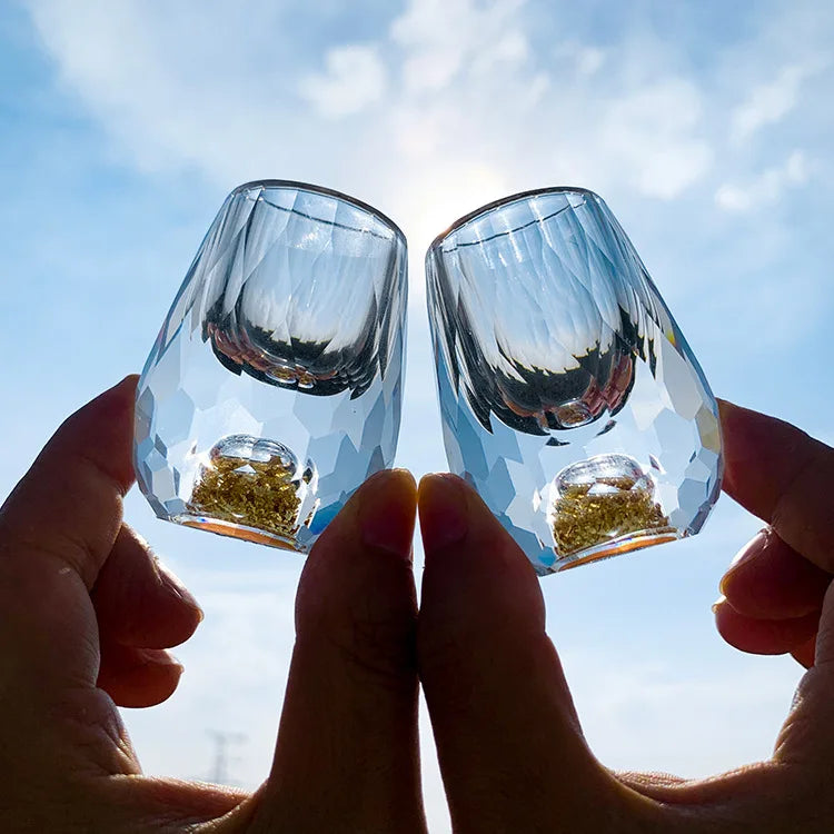 Elegant Gold Foil Crystal Glass – Double Bottom Design for Vodka, Sake & Luxury Gifts