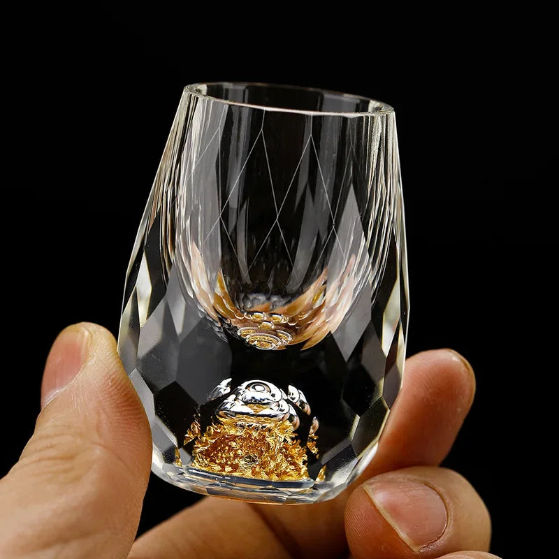 Elegant Gold Foil Crystal Glass – Double Bottom Design for Vodka, Sake & Luxury Gifts