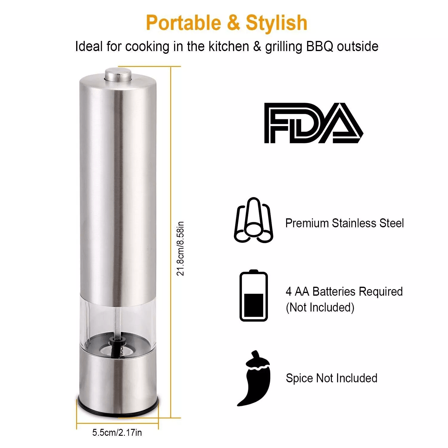 1PCS Electric Salt Pepper Grinder Mill Shakers Set Adjustable Stainless Steel Battery Operated OneH 10