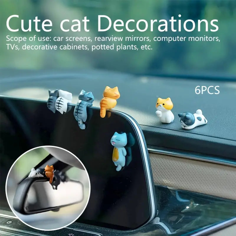 6pcs PVC Cartoon Cat Figurines Cute Car Dashboard Decor Plant Pot  Screen Edge Decoration 5