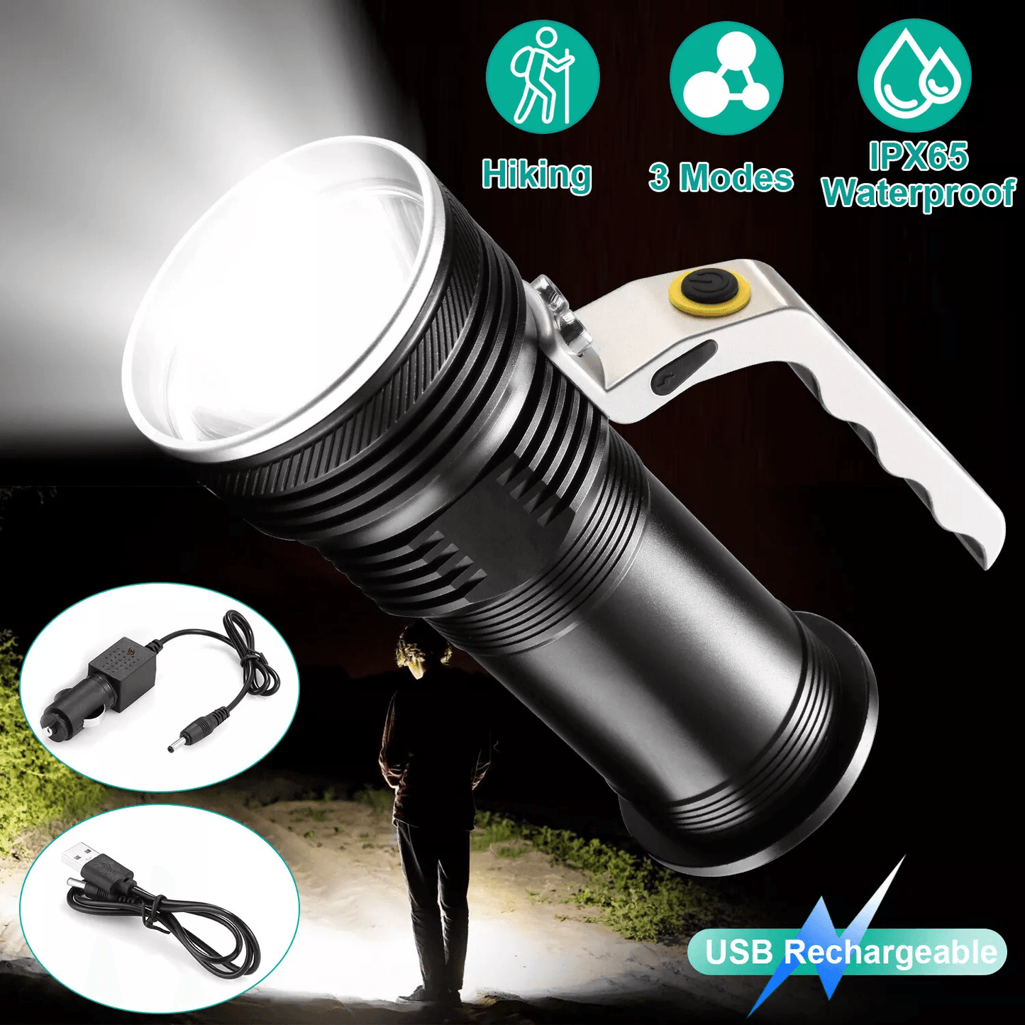 Super Bright Searchlight Handheld Spotlight LED Portable Rechargeable Flashlight – 500 Lumens, 200m Beam, 3 Modes