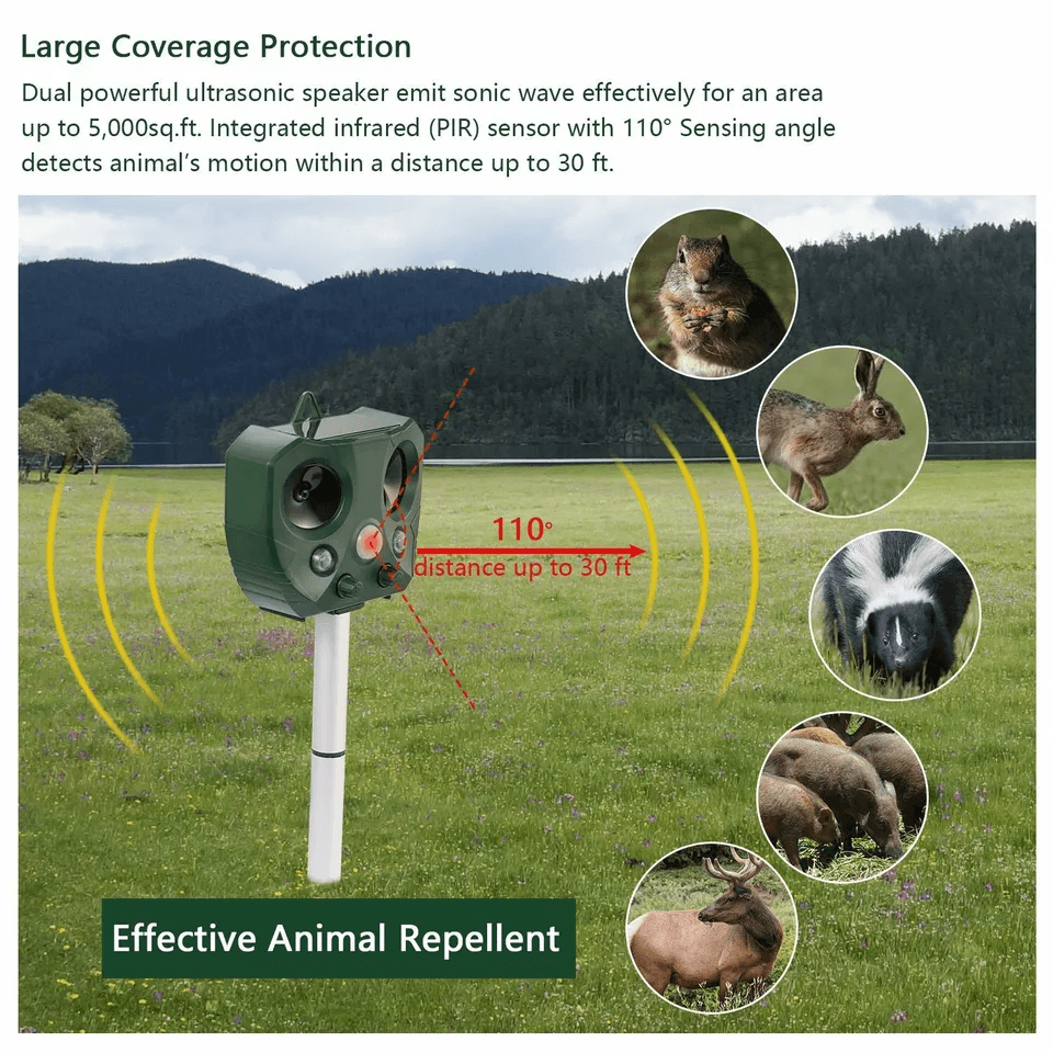 Solar Ultrasonic Animal Repeller Cat Rodent Squirrel Raccoon Deterrent With Motion Sensor Pet Contr 4