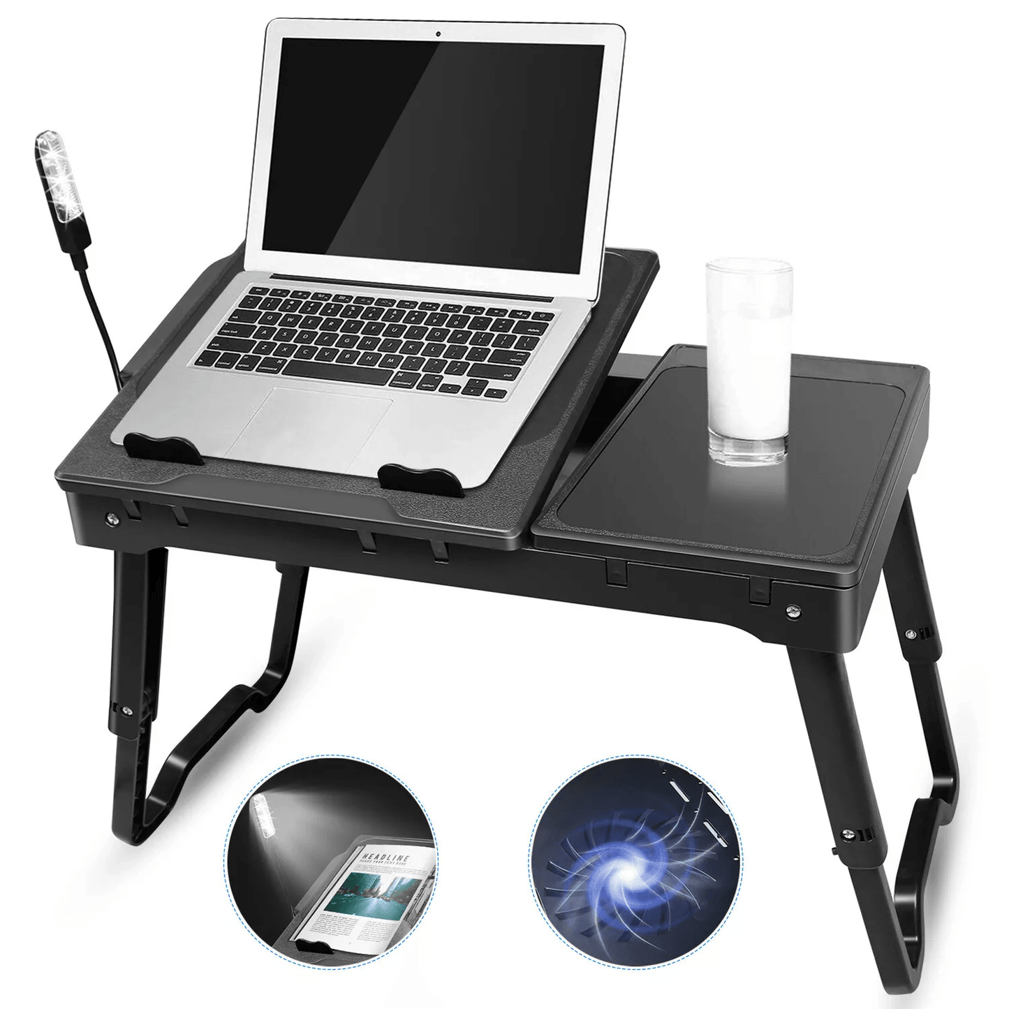 Foldable Laptop Table Stand for Bed, Sofa with USB Ports, LED Lamp Cooling Fan Portable Adjustable Tray for Work, Study