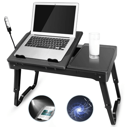 Foldable Laptop Table Stand for Bed, Sofa with USB Ports, LED Lamp Cooling Fan Portable Adjustable Tray for Work, Study