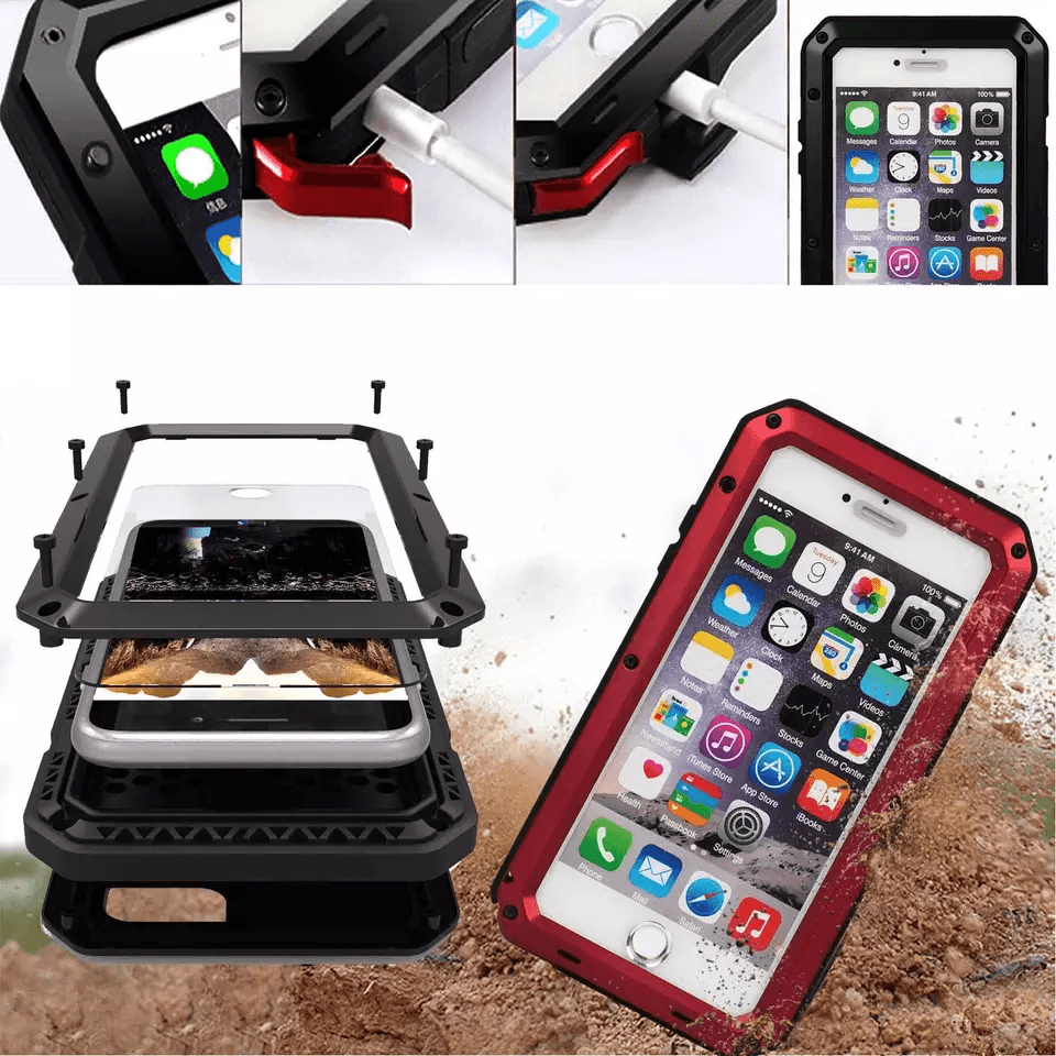Shockproof Aluminum Metal Armor Case Cover with Tempered Glass for iPhone, Heavy Duty Protection
