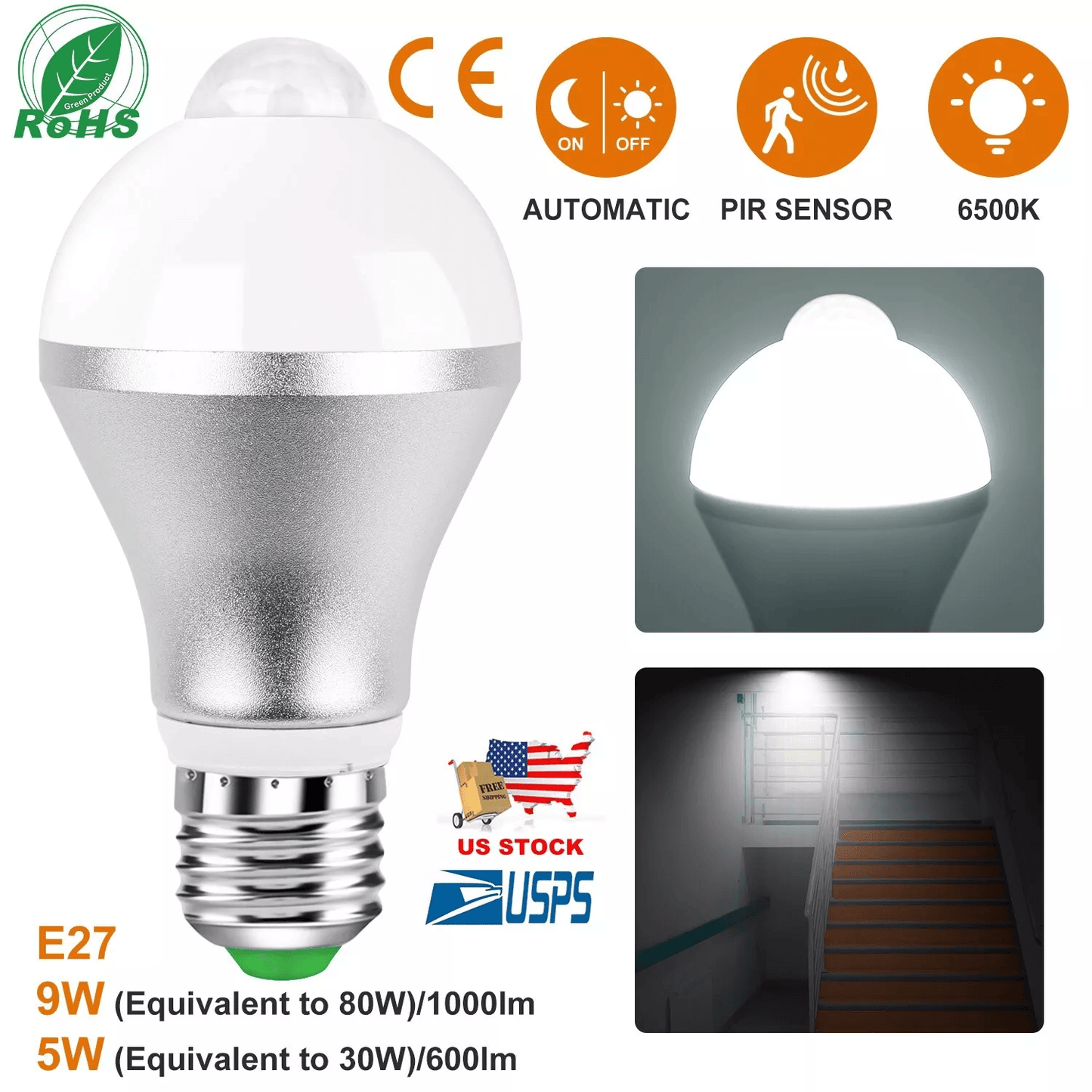 Motion Sensor Light Bulb 9W 5W E27 LED Dusk to Dawn | Motion Activated Indoor Outdoor Security Light