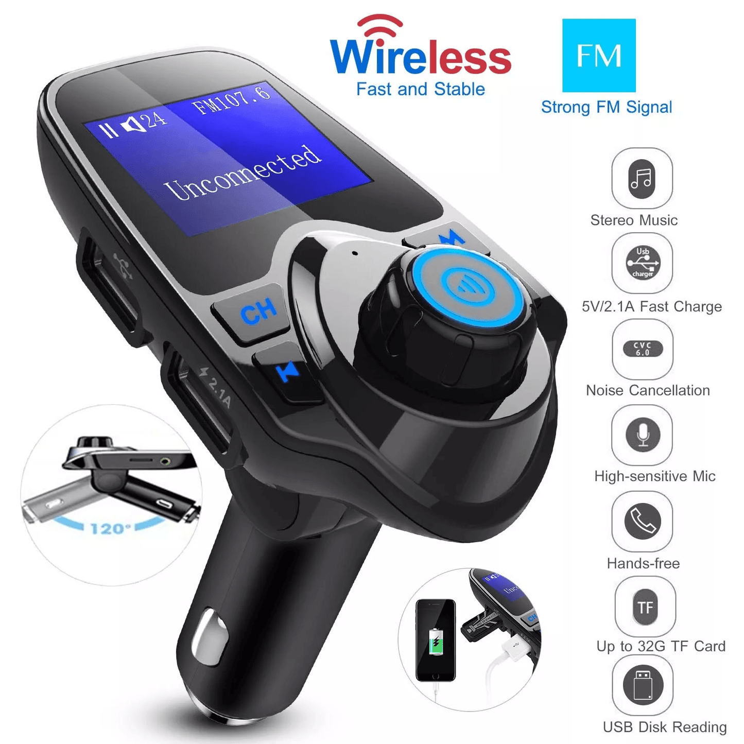 Car FM Transmitter AUX Wireless Radio Adapter USB Charger MP3 Player Dual USB Ports, Hands-Free Calling, TF Card