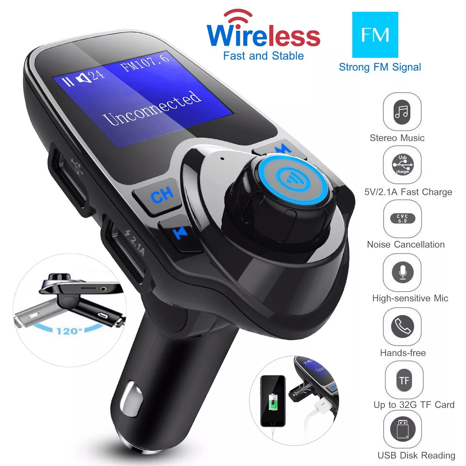 Car FM Transmitter AUX Wireless Radio Adapter USB Charger MP3 Player Dual USB Ports, Hands-Free Calling, TF Card