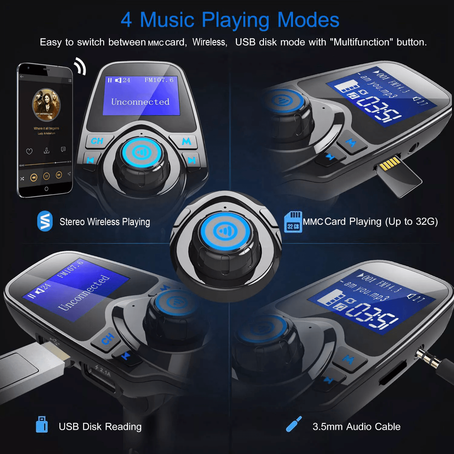 Car FM Transmitter AUX Wireless Radio Adapter USB Charger MP3 Player Dual USB Ports HandsFree Calli 2