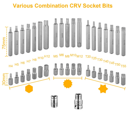 HeavyDuty Vanadium Steel Hex Torx Spline Bit Set CRV Socket Tool Kit With Drive Connectors 7