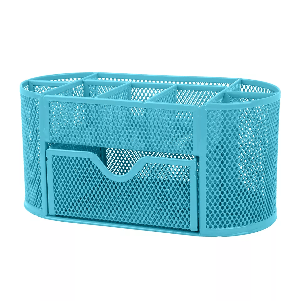 Desk Organizer Metal Mesh Pen Pencil Holder Tray Office Desktop Storage Blue 2