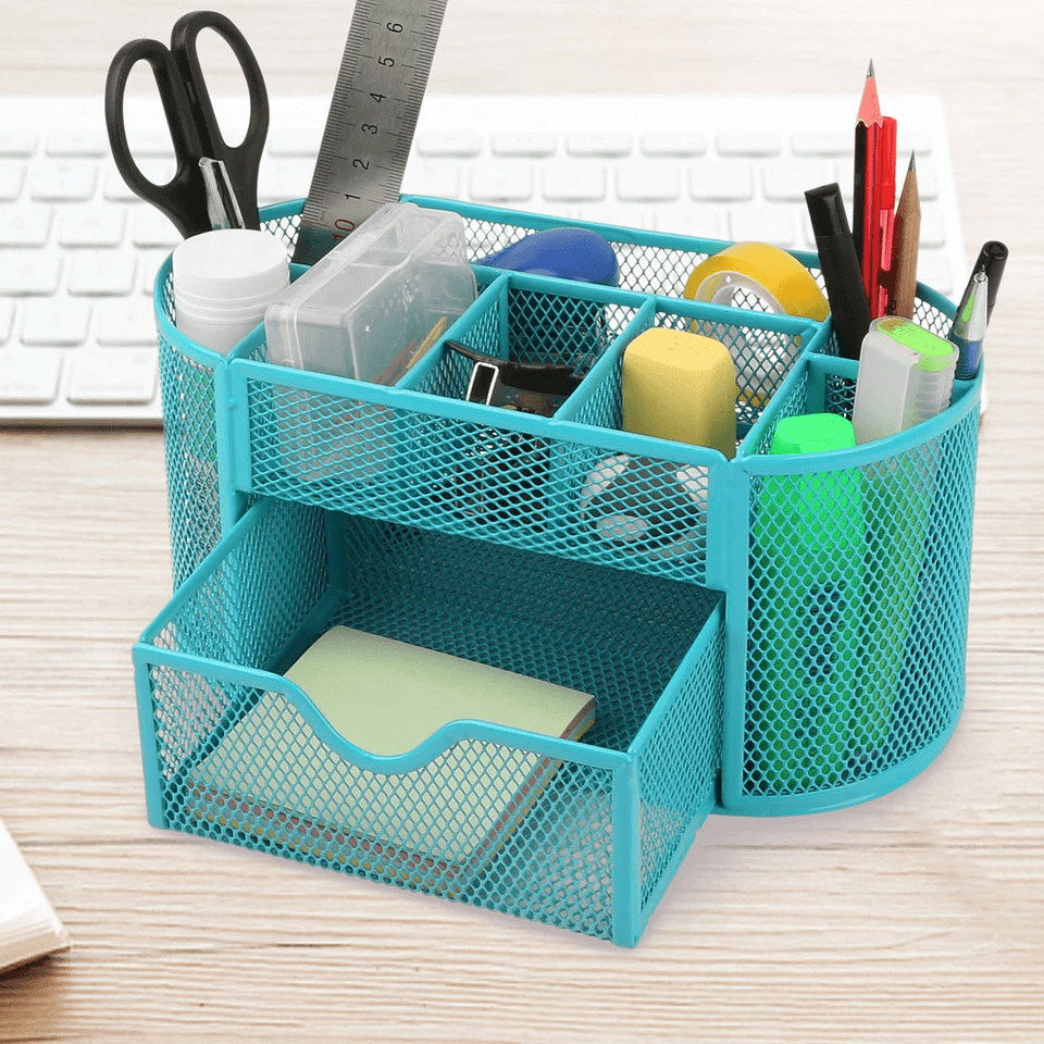 Desk Organizer Metal Mesh Pen Pencil Holder Tray, Office Desktop Storage Blue
