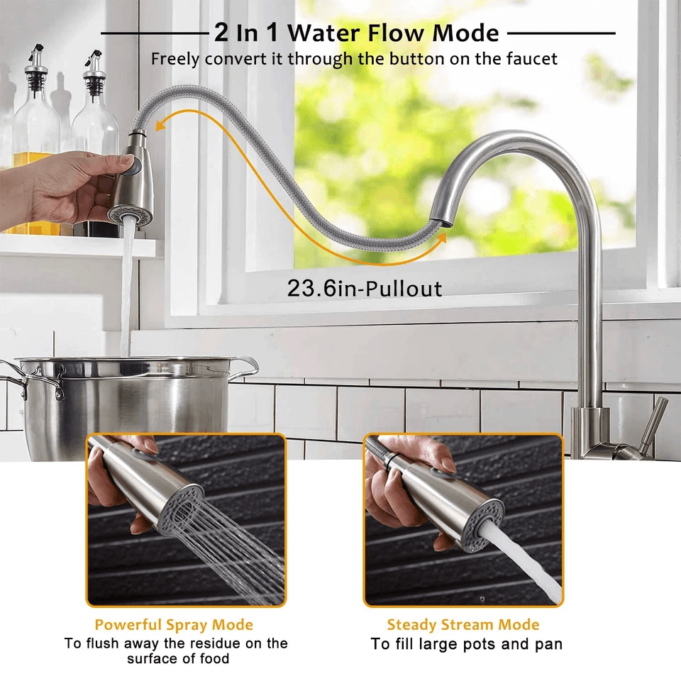 Brushed Nickel Swivel Kitchen Sink Faucet With Flexible Pull Out Sprayer Single Handle Mixer Tap Fo 6